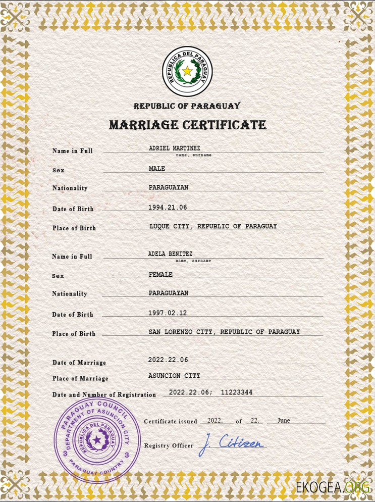 Modèle PSD de certificat de mariage du Paraguay
